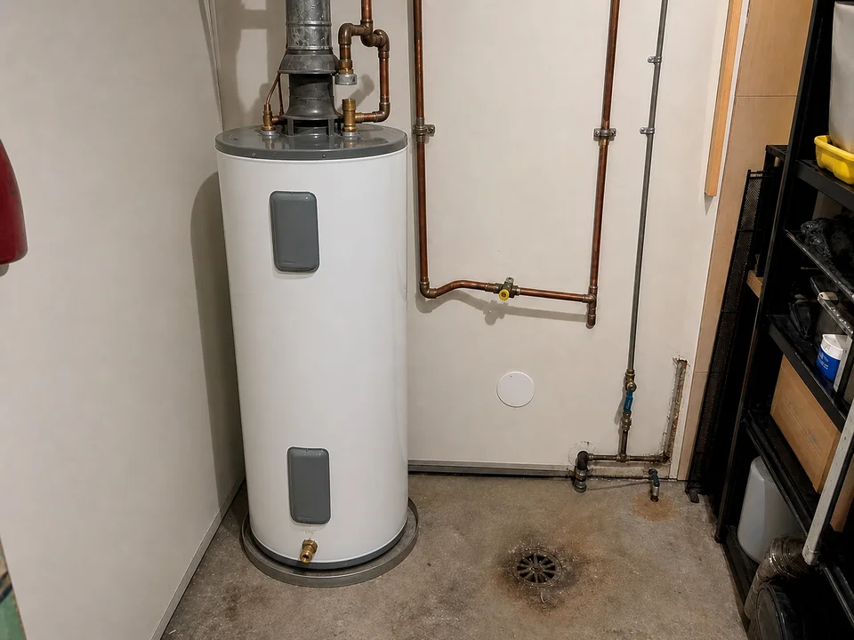 The new water heater installed and connected.